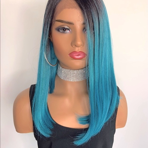 Very Pretty 16” Ombre Turquoise Blue Angled Bob Synthetic Lace Front Wig - Picture 2 of 8